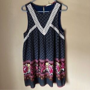 Entro Sleeveless Floral Dress w/Lace Trim & Mixed Pattern